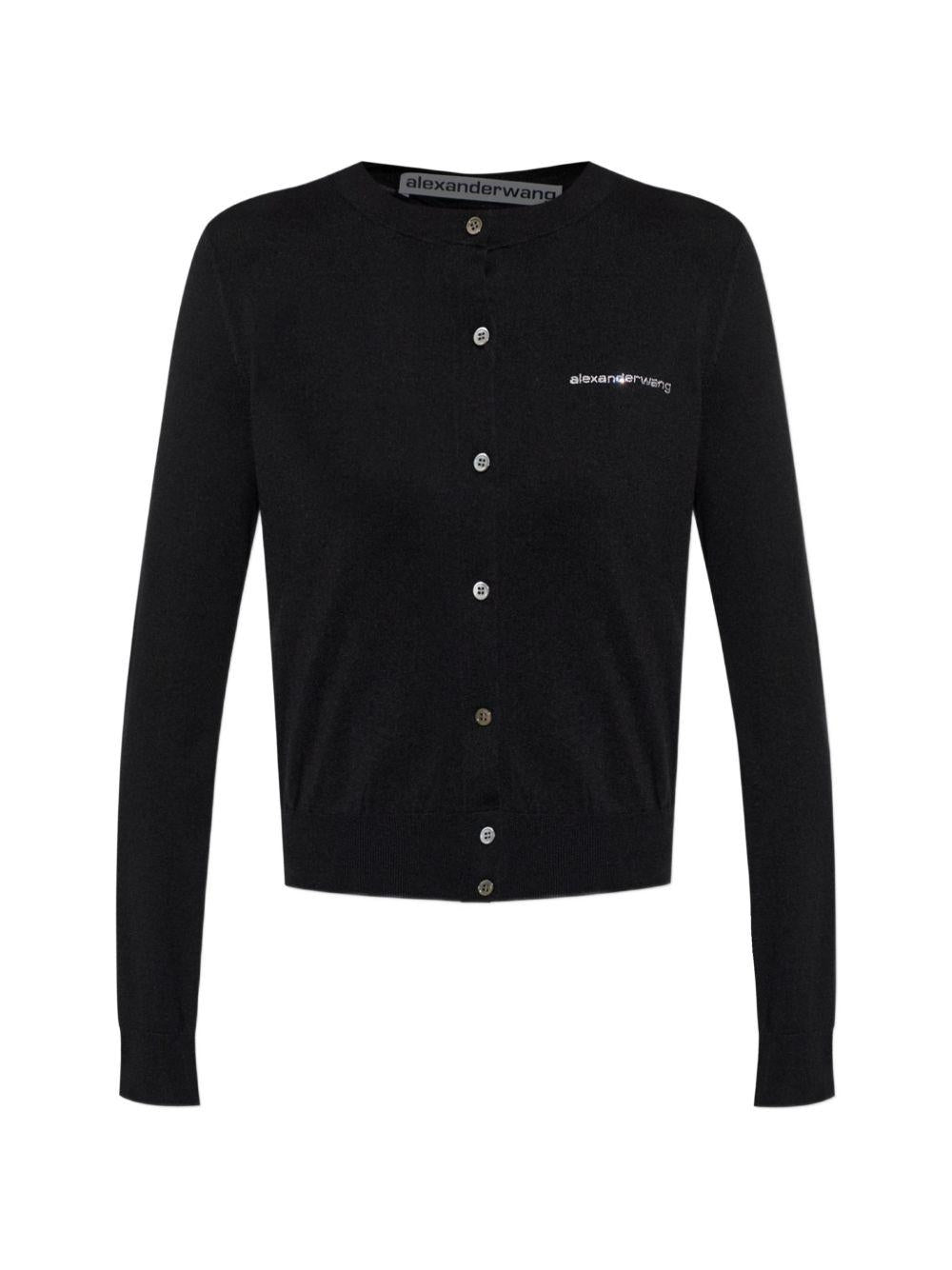 ALEXANDER WANG Cardigan nero slim con dettaglio strass sul logo 