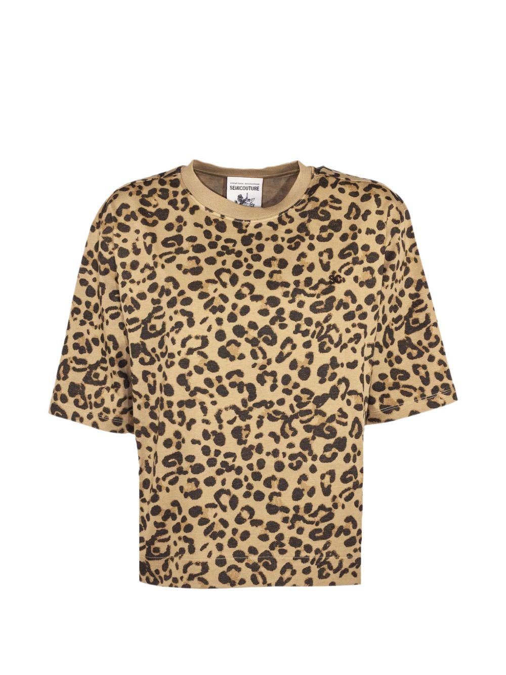 SEMICOUTURE T-shirt in cotone girocollo con stampa leopardata 