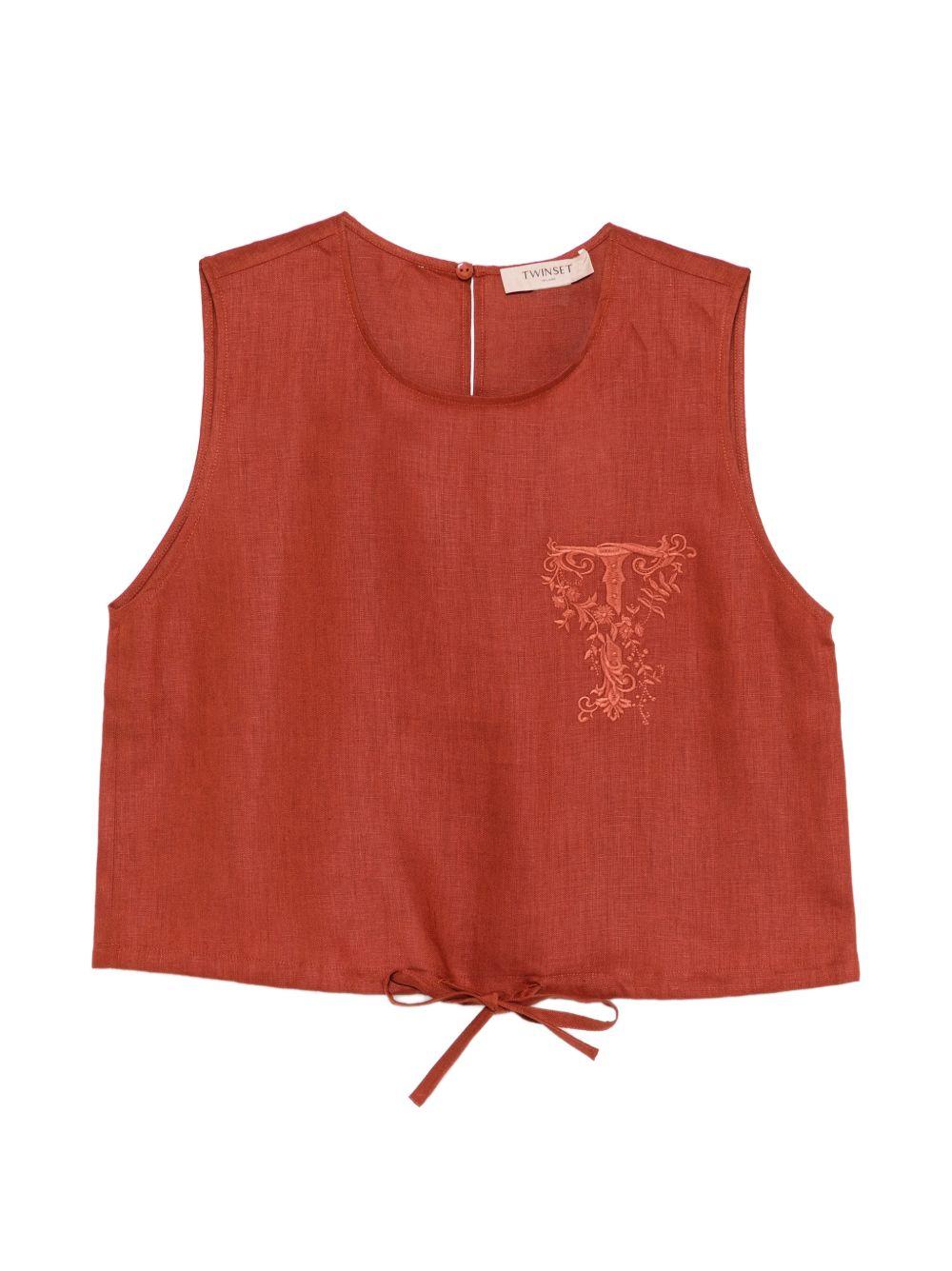 TWINSET Top corto in lino marrone con laccio 
