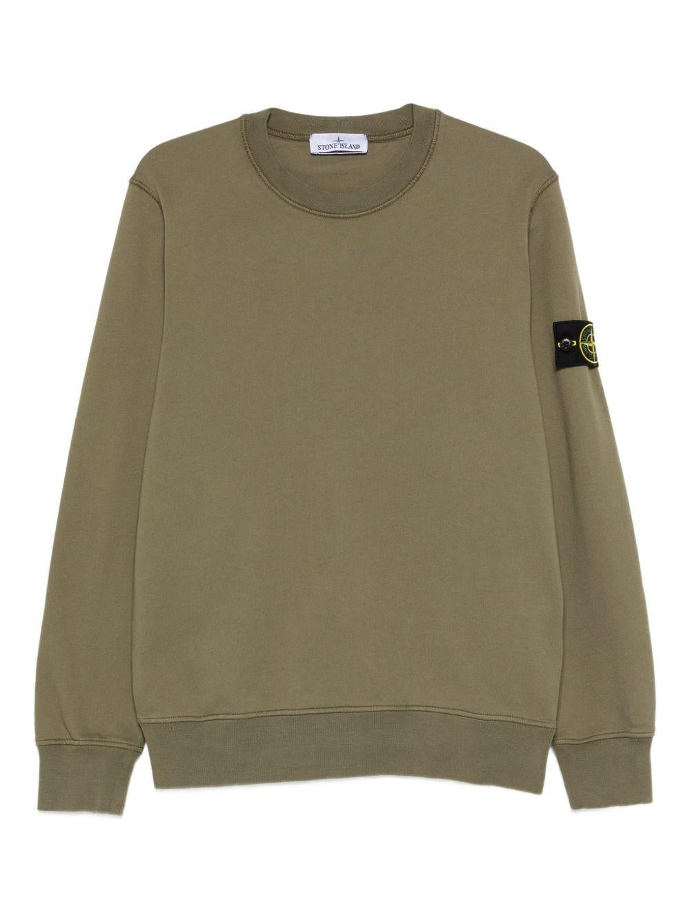 STONE ISLAND Felpa in cotone verde girocollo con patch logo 