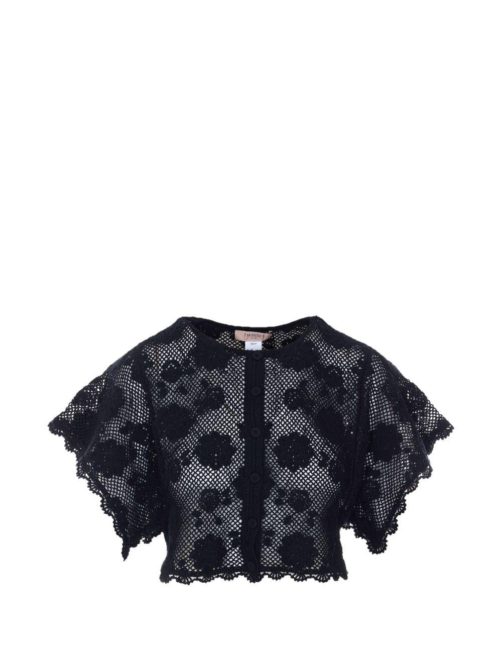 TWINSET Cardigan in maglia traforata nera di cotone 