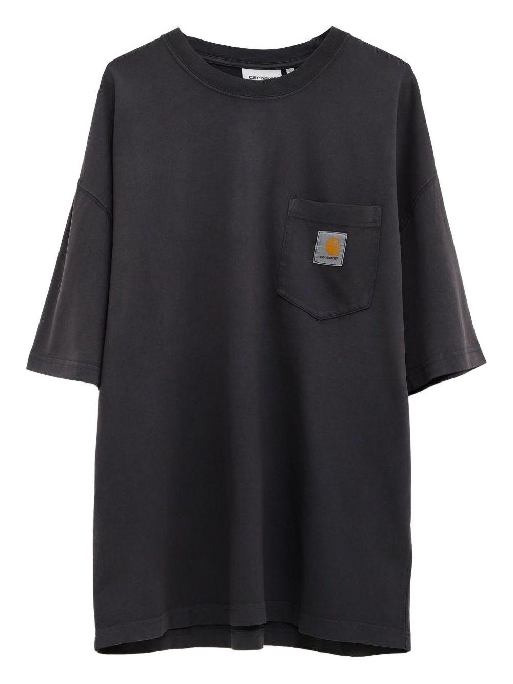 CARHARTT WIP T-Shirt 'Hudson Pocket' girocollo in cotone grigio scuro con logo<BR/> 