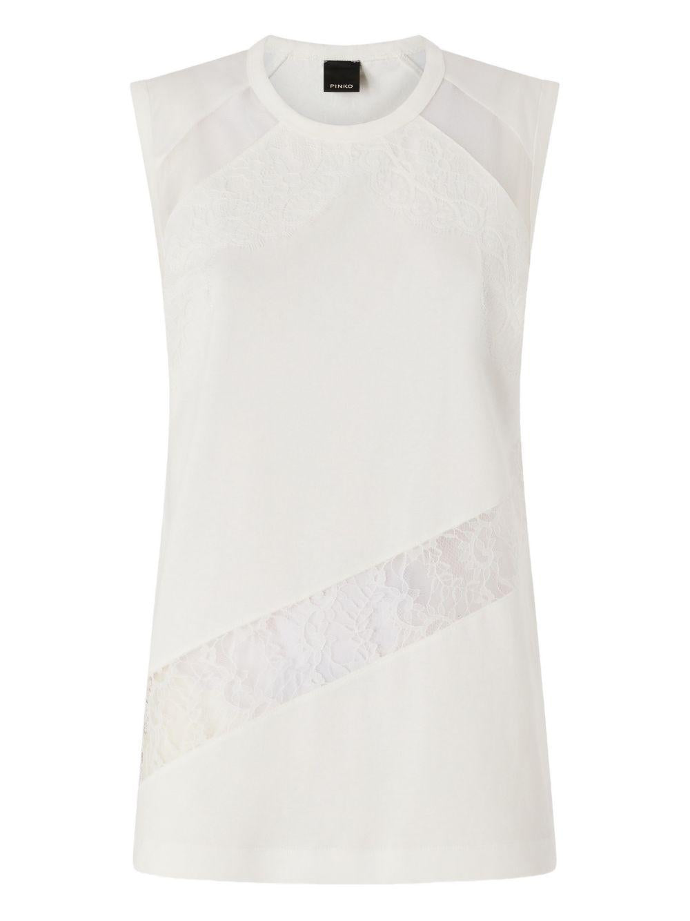 PINKO T-shirt Molly in cotone bianco con pizzo 