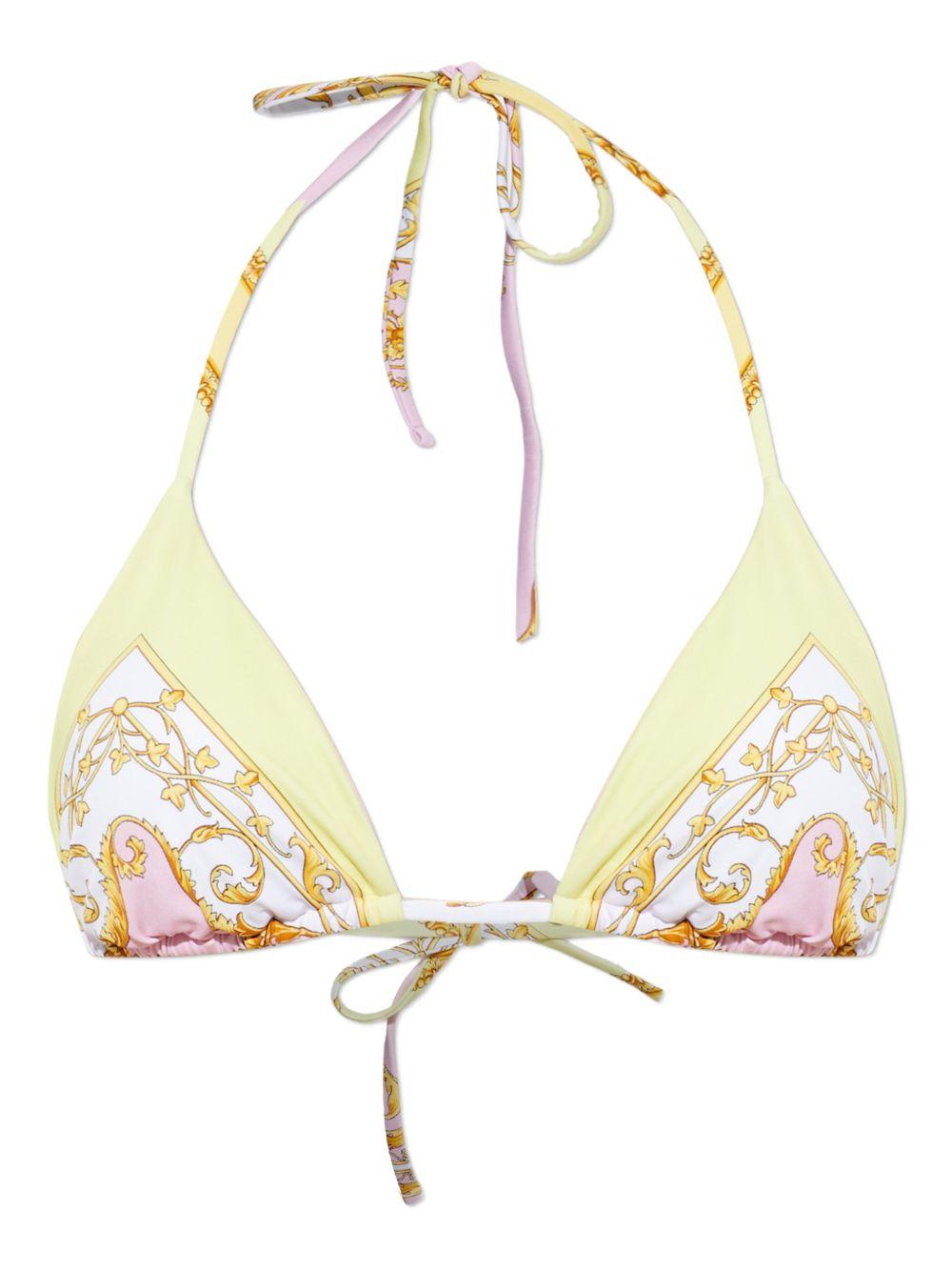 VERSACE Top bikini a triangolo giallo e rosa con stampa Spring Barocco 