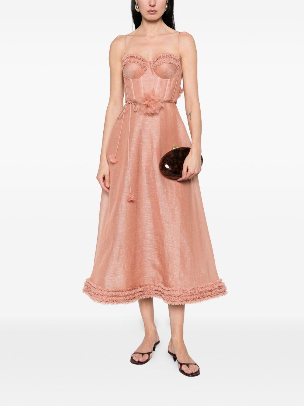 ZIMMERMANN Abito midi rosa in lino misto seta con corpetto a bustino 