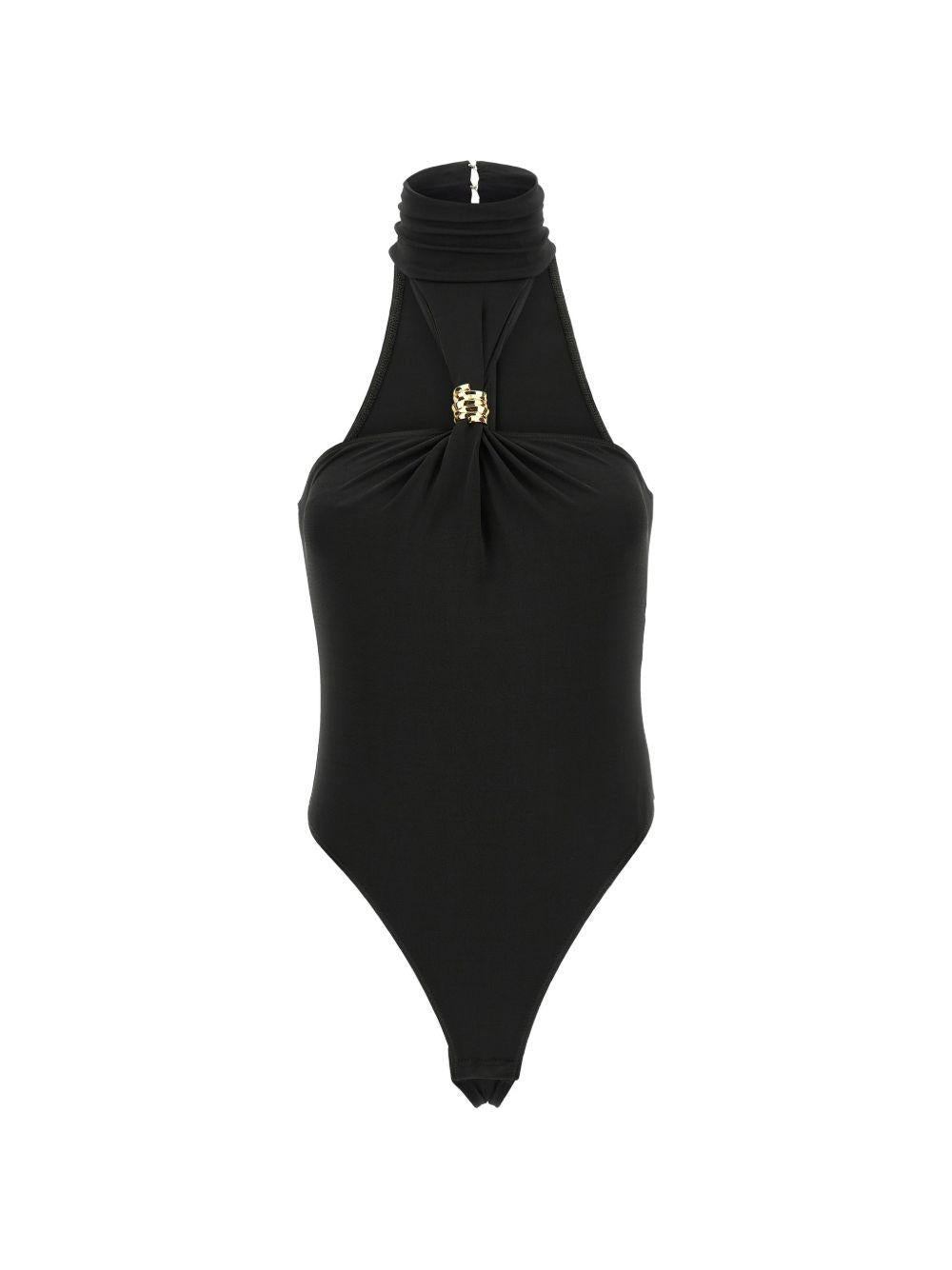 ELISABETTA FRANCHI Body a collo alto con dettagli drappeggiati e gioiello 