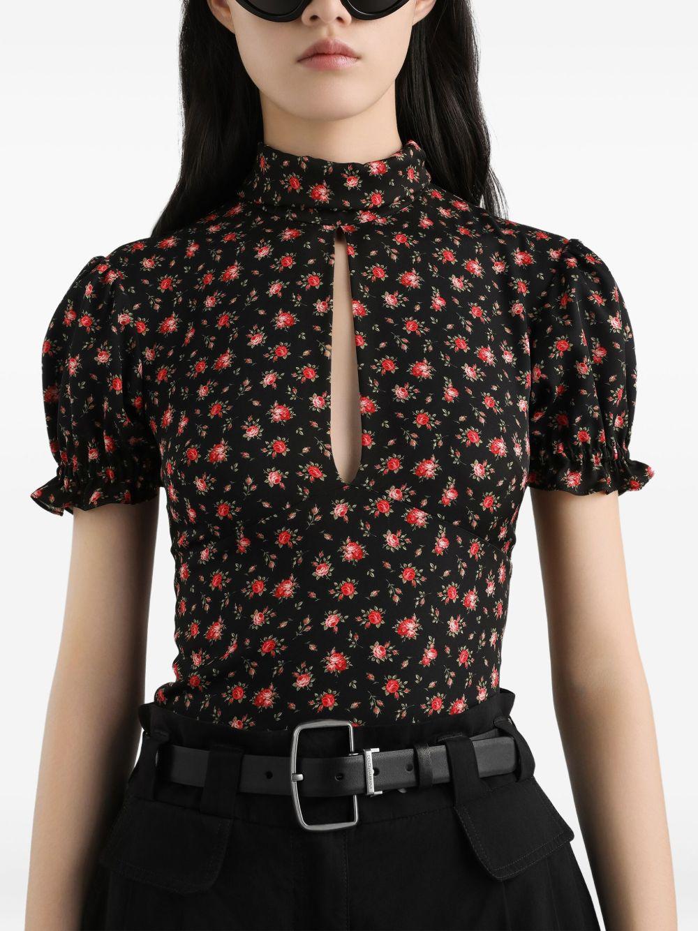 DOLCE e GABBANA Blusa nera in seta con stampa floreale 