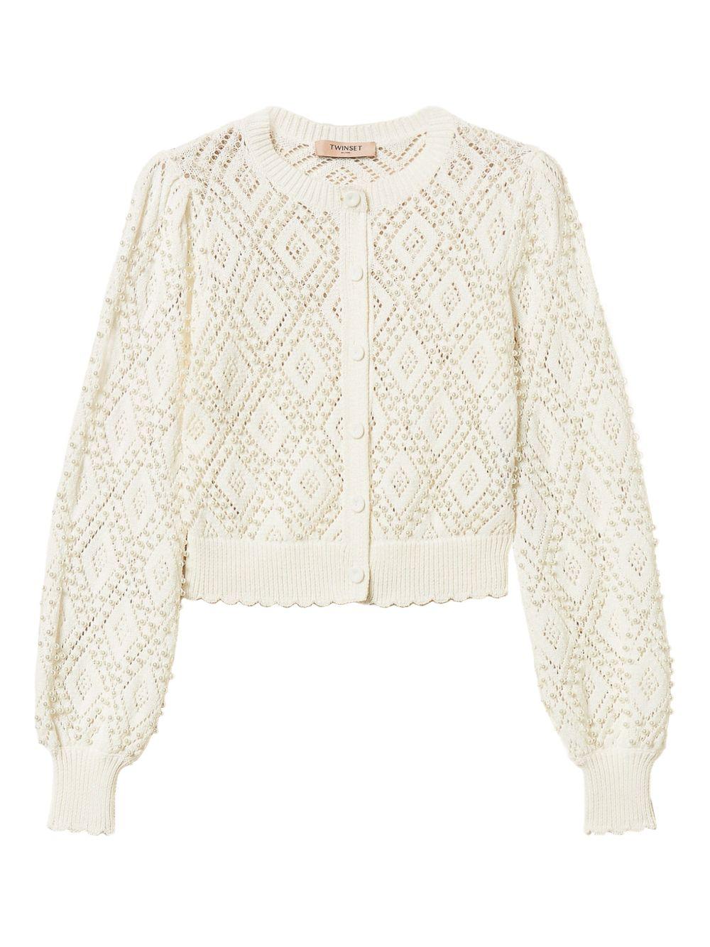 TWINSET Cardigan avorio in cotone lavorato 