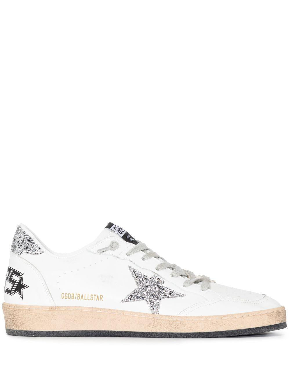 GOLDEN GOOSE Sneakers Ball Star in pelle bianca con dettagli glitter argento 