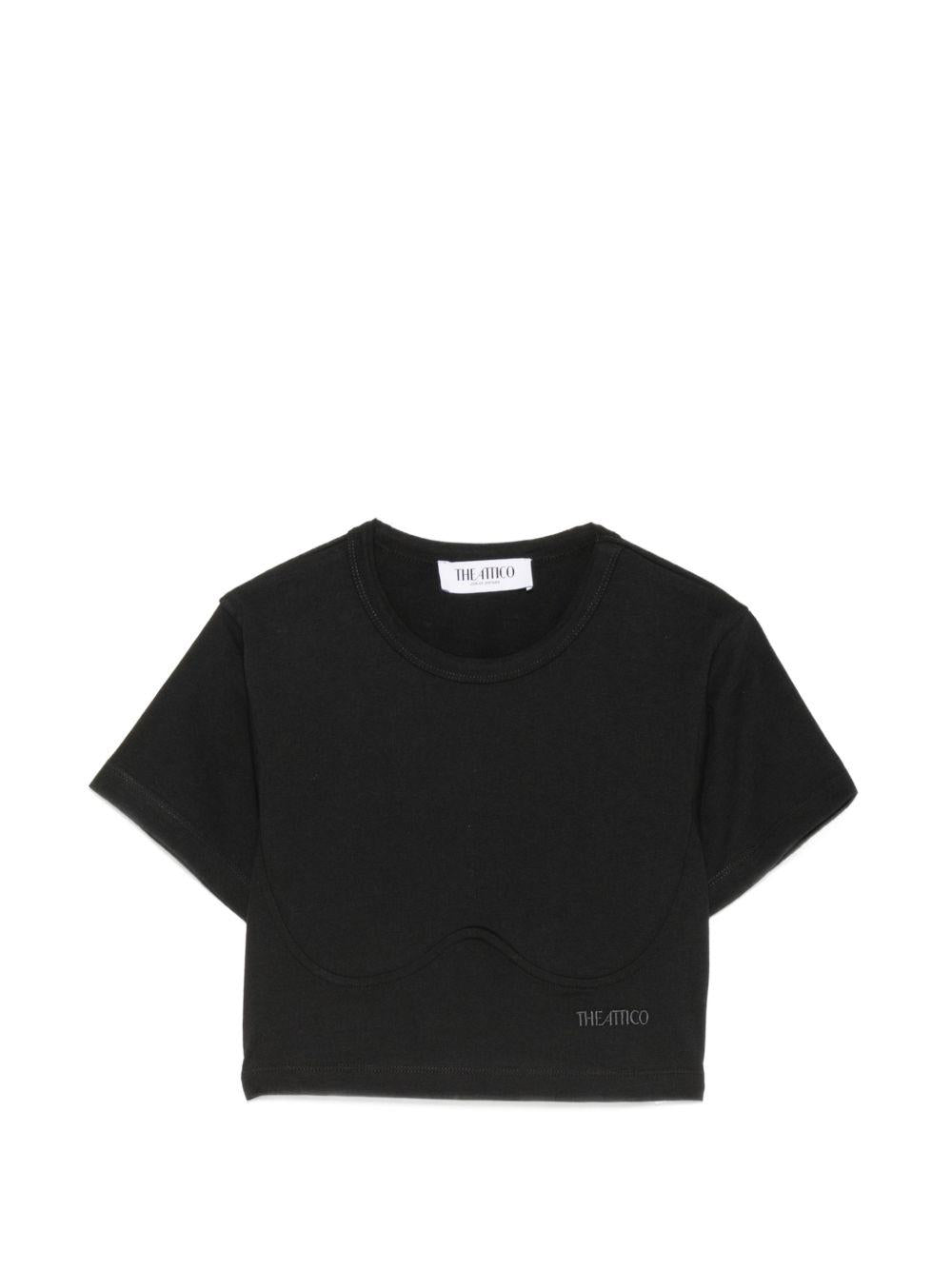 THE ATTICO T-shirt crop con logo ricamato in cotone nero 