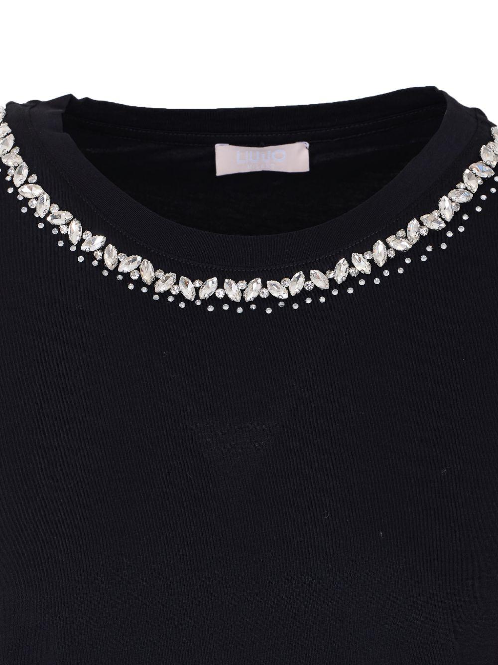 LIUJO T-shirt a maniche corte in cotone nero con decorazione girocollo 