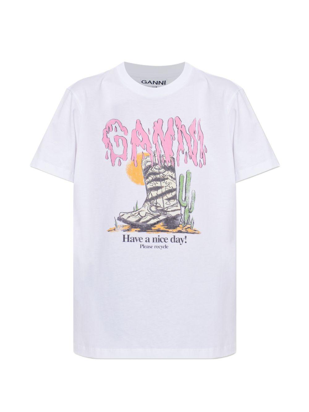 GANNI T-shirt in cotone bianco con stampa grafica 