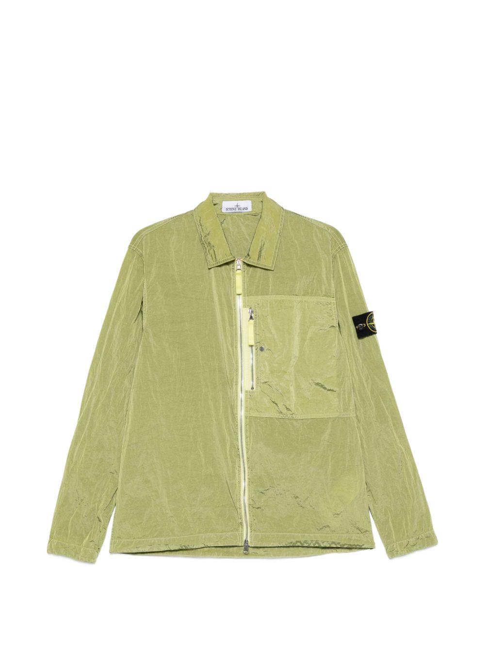 STONE ISLAND Giacca-camicia verde con zip e applicazione removibile 