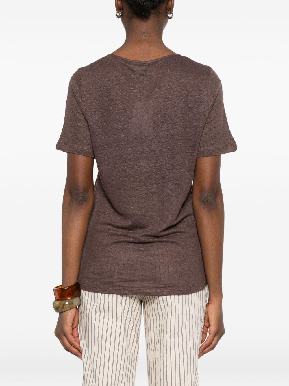 YERSE T-shirt Dunas a maniche corte in lino marrone con scollo a V 