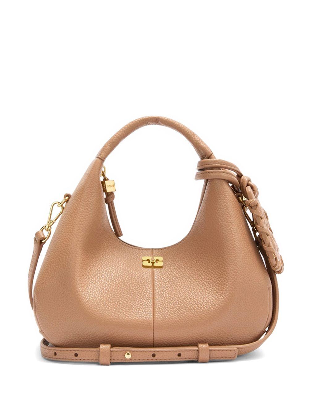 GANNI Borsa Hobo Mini in pelle beige con logo 