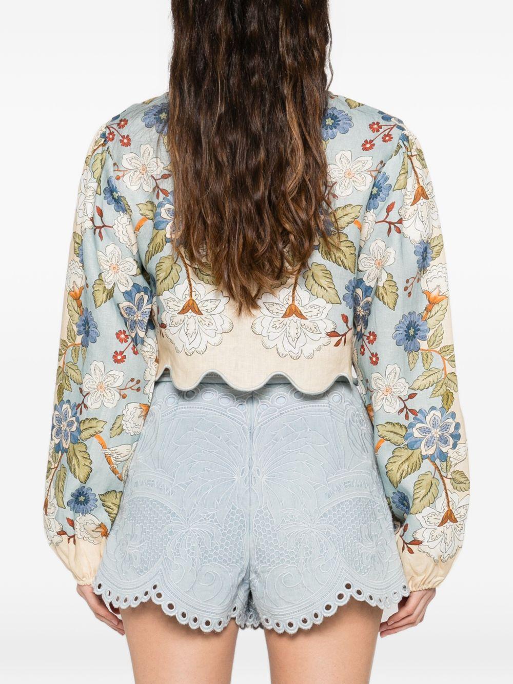 FARM RIO Top con stampa floreale in lino beige e blu 