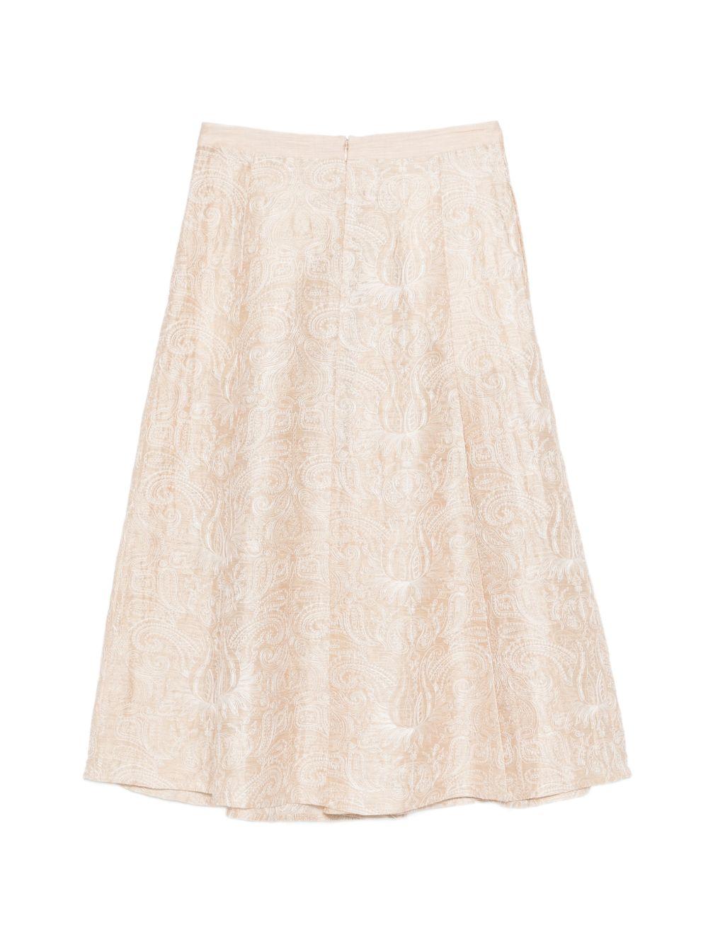 SEVENTY Gonna midi in lino e seta beige con stampa 