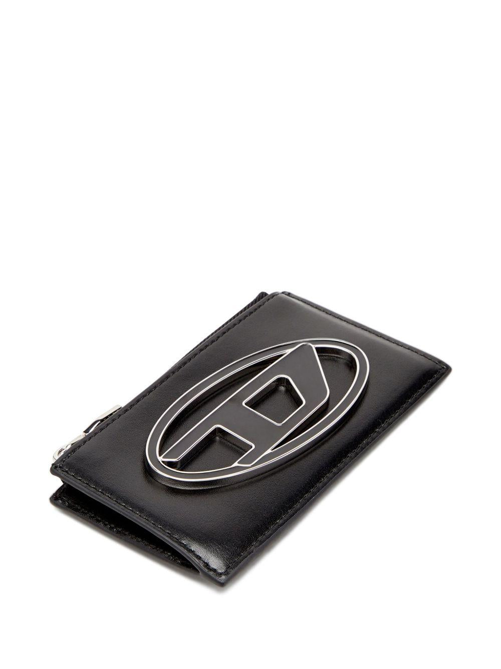 DIESEL Portacarte in pelle nera con placca logo 