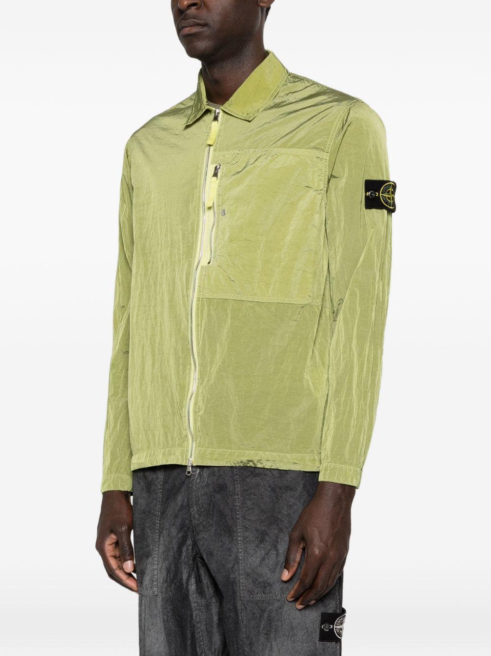 STONE ISLAND Giacca-camicia verde con zip e applicazione removibile 