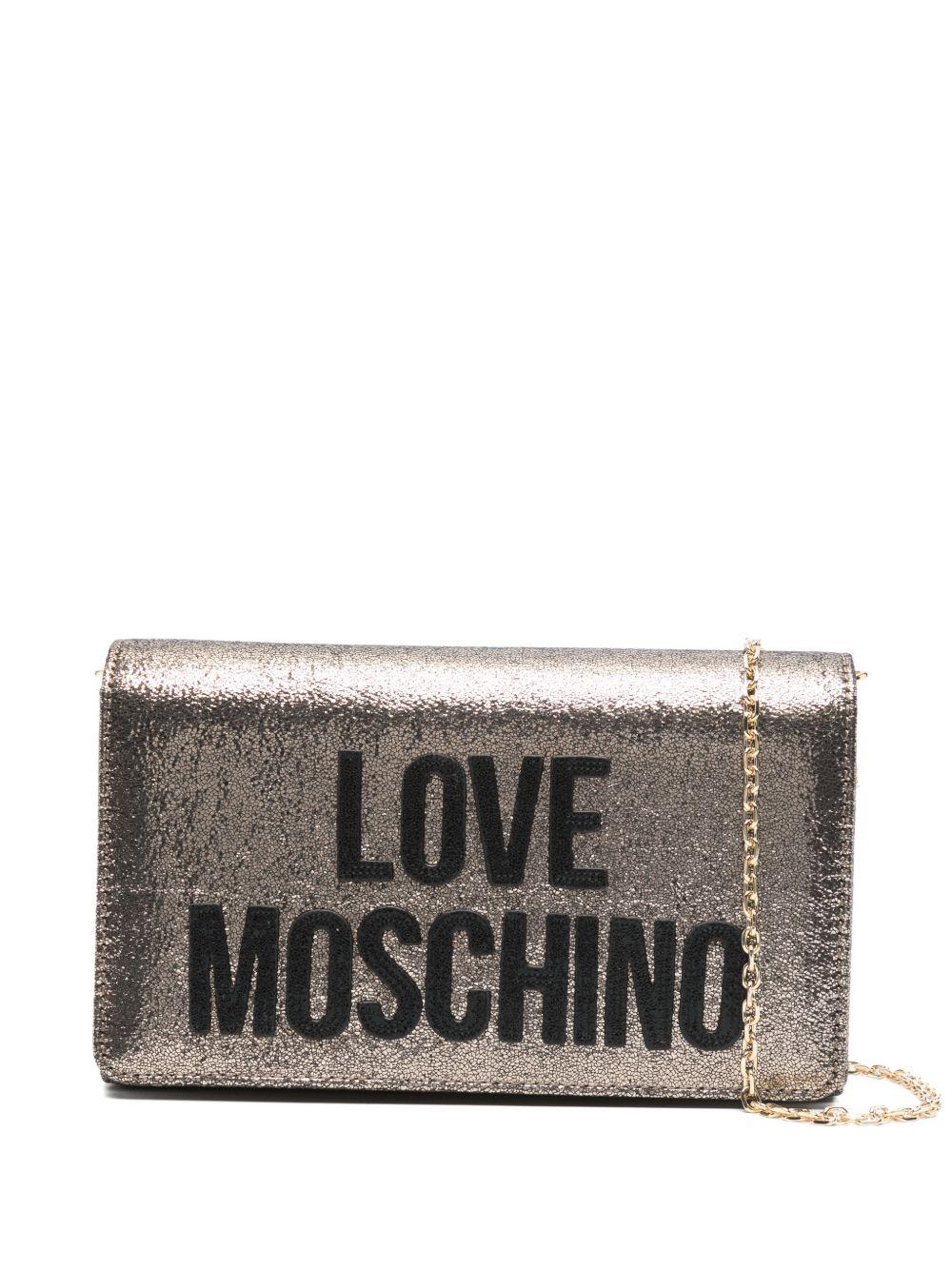 LOVE MOSCHINO Borsa dorata con tracolla a catenina e logo nero cucito 
