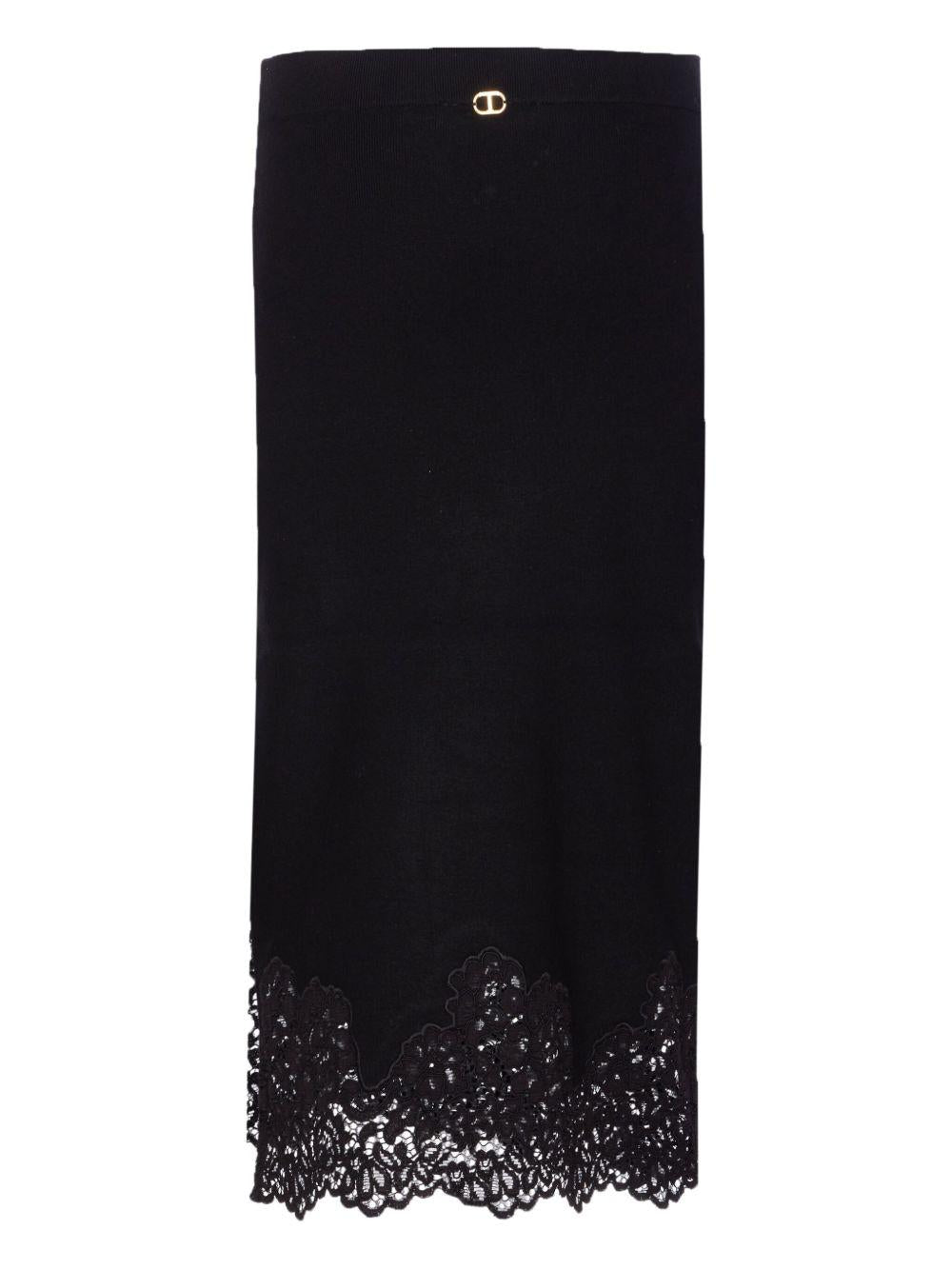 TWINSET Gonna midi nera con pizzo sul fondo 