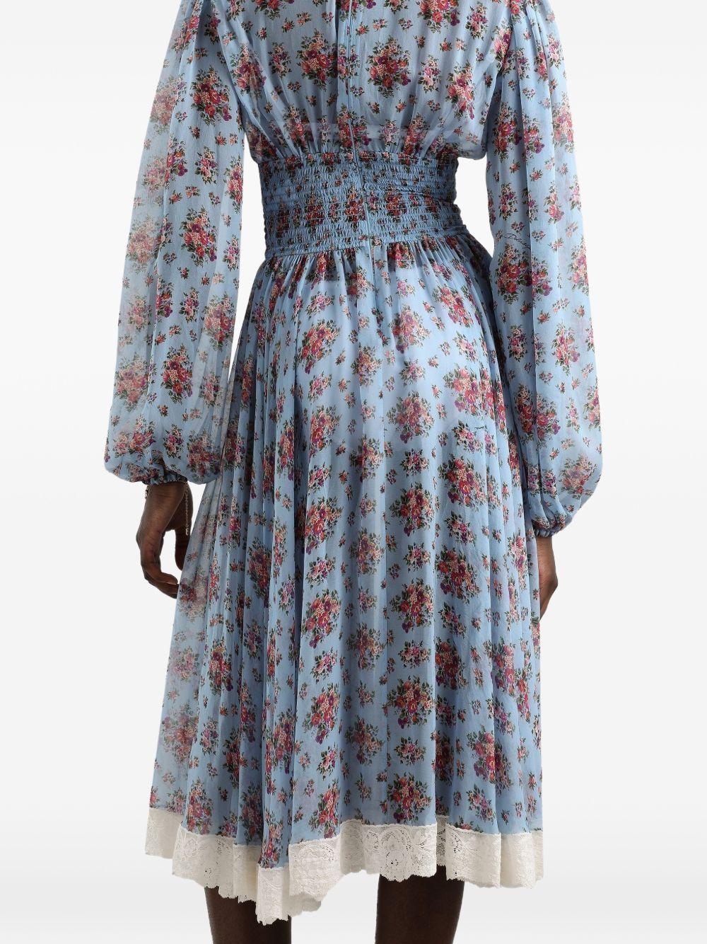 DOLCE e GABBANA Abito midi in seta e cotone celeste con stampa floreale e trina 