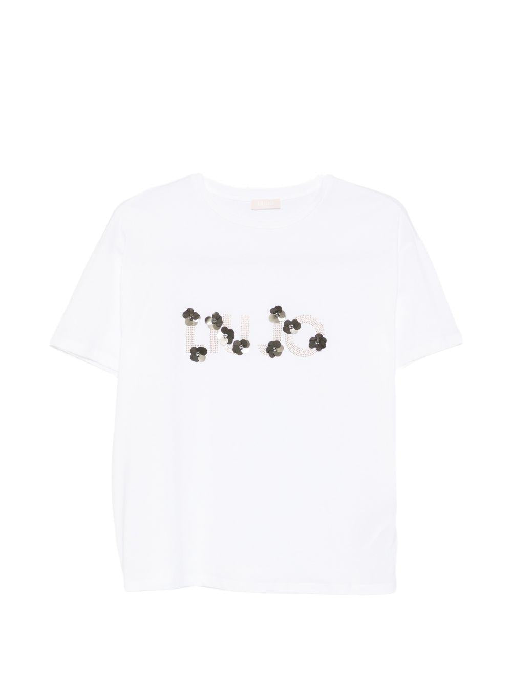 LIUJO T-shirt bianca con logo con strass 