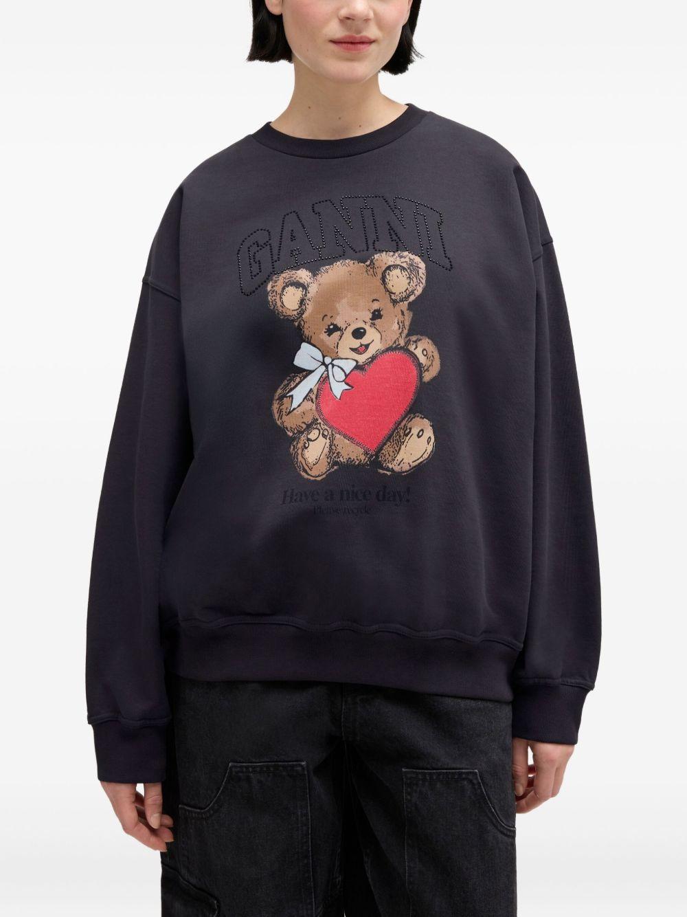GANNI Felpa nera in cotone con stampa teddy 