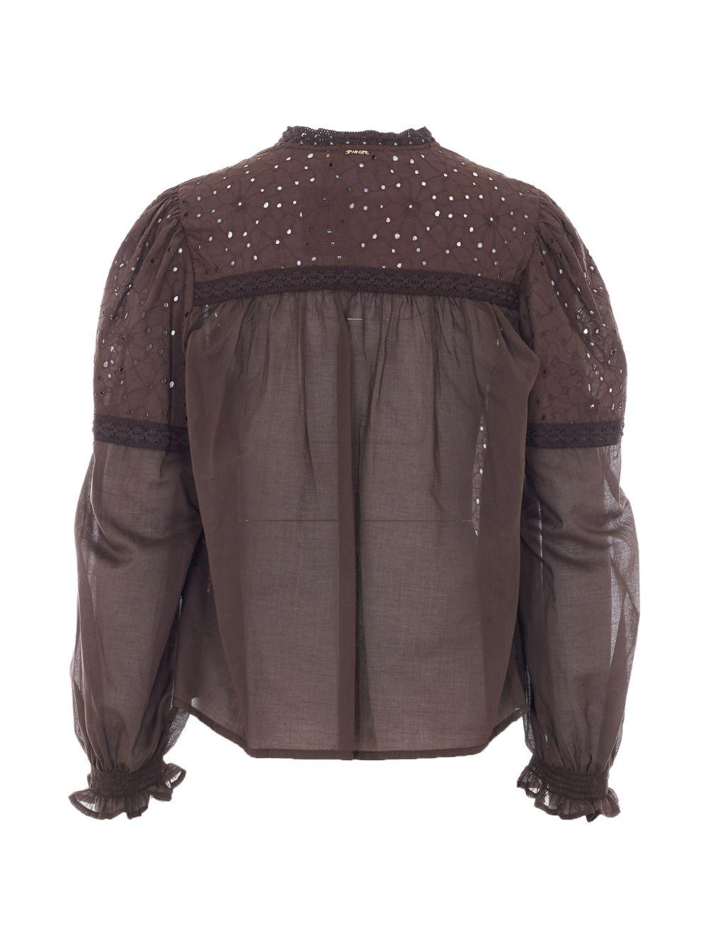TWINSET Blusa in cotone marrone con scollo a V e pizzo sangallo 