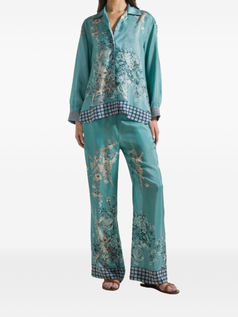 SEVENTY Pantaloni in seta verde con stampa floreale 