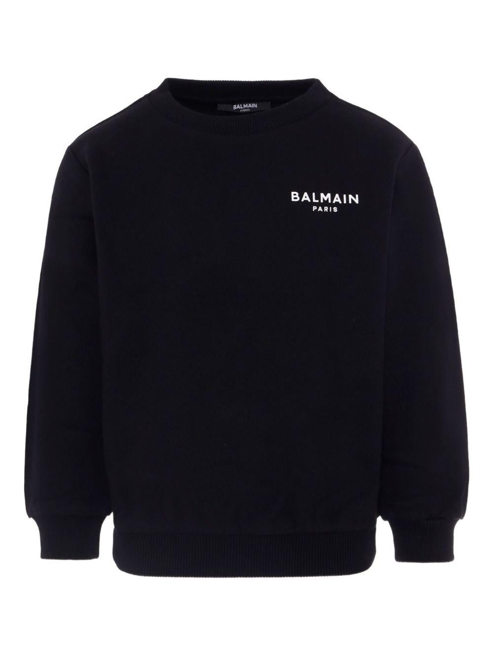 BALMAIN Felpa in cotone nero con stampa logo 
