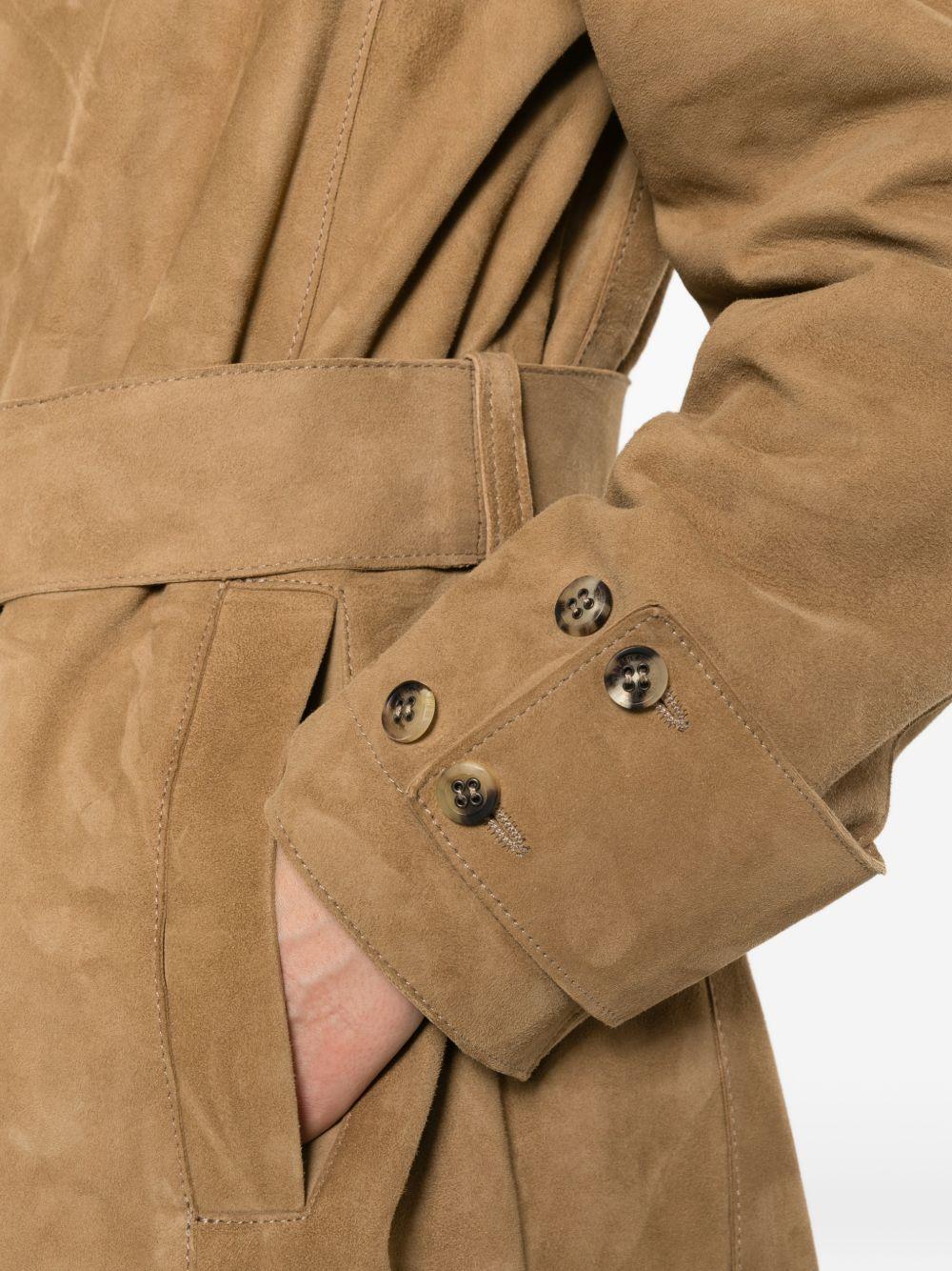 GOLDEN GOOSE Trench lungo in pelle scamosciata beige con cintura 