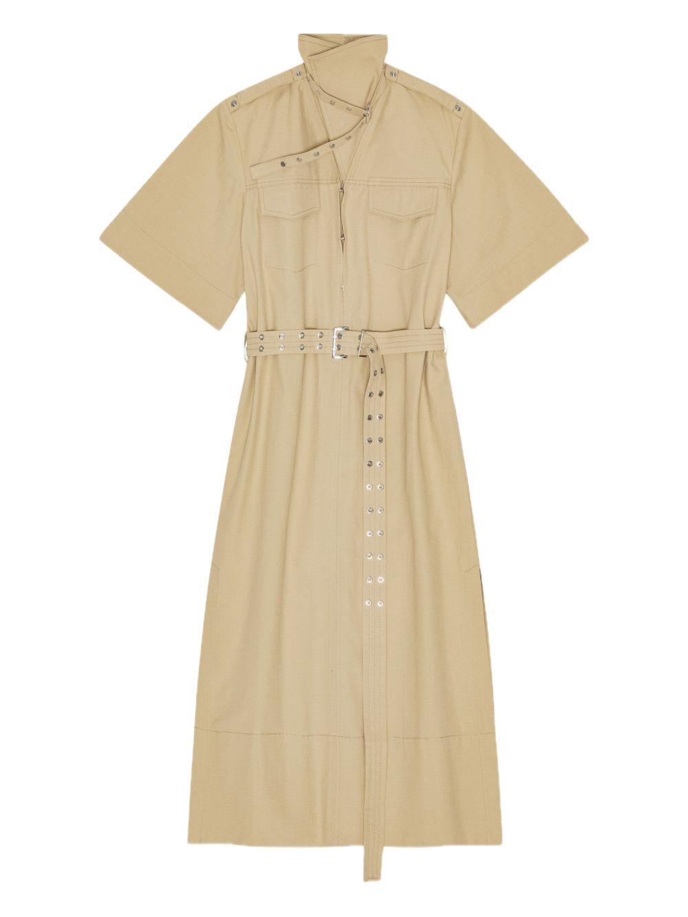 GANNI Abito midi chemisier in cotone misto lino beige 