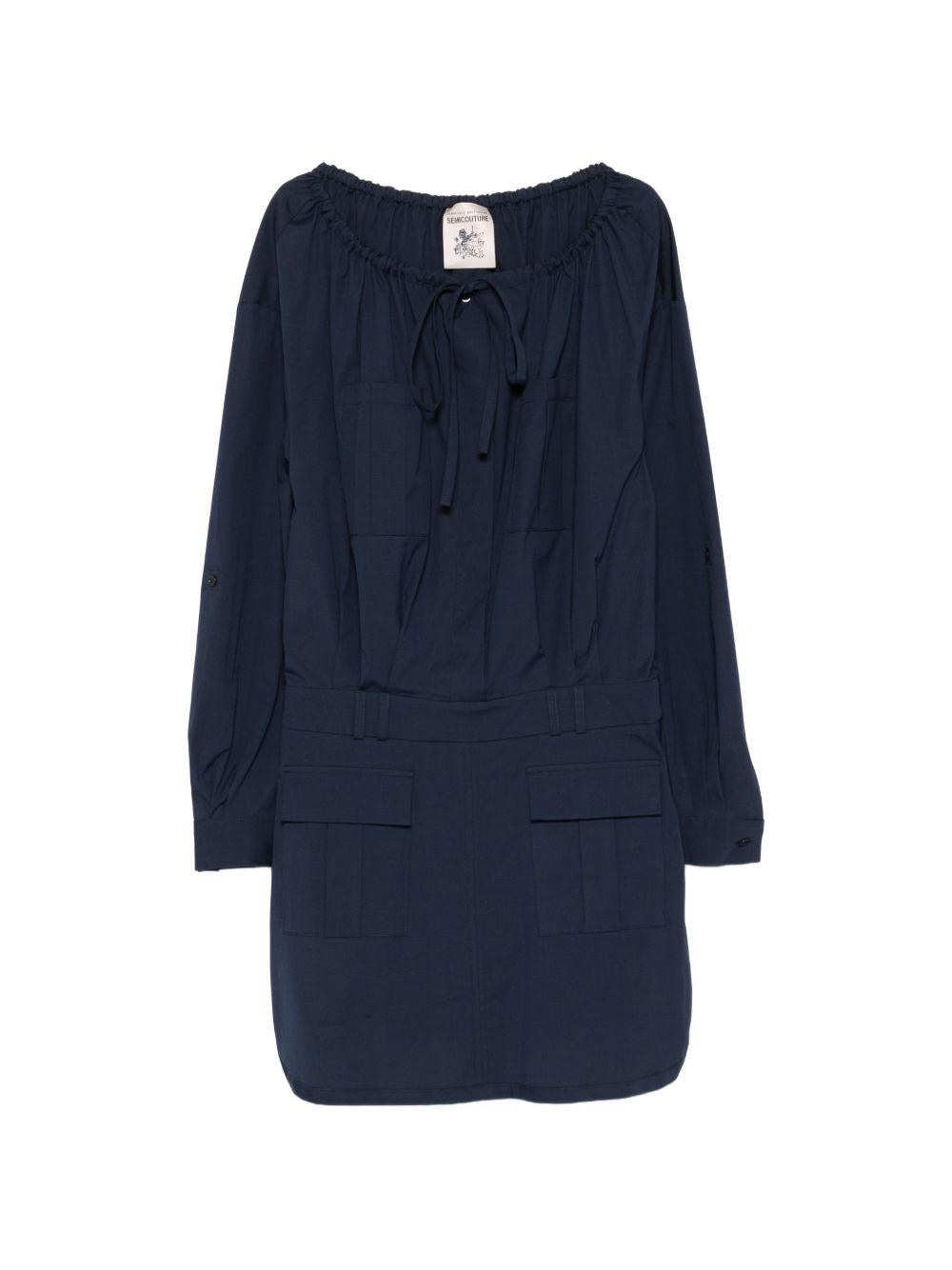 SEMICOUTURE Abito corto Ricarda in cotone blu con tasche e laccio 