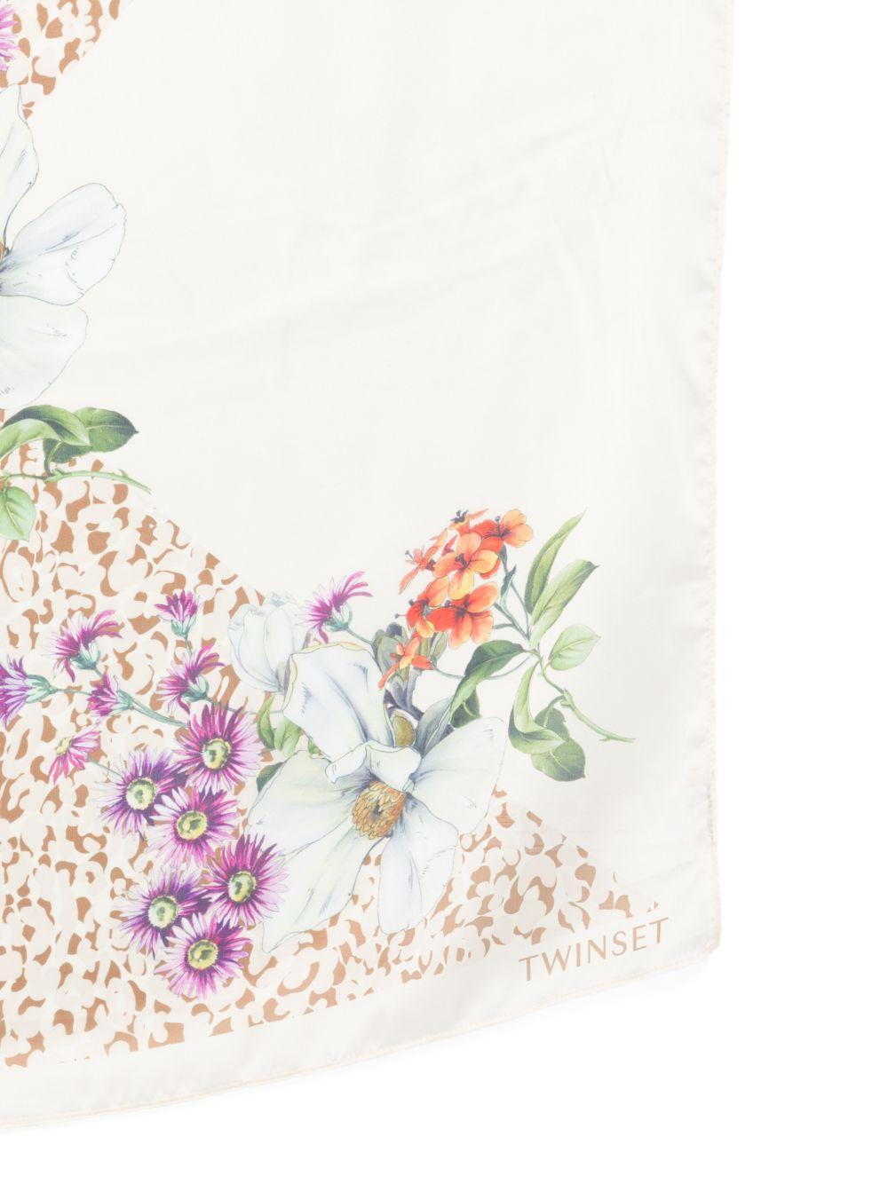 TWINSET Foulard avorio con stampa floreale e leopardata 