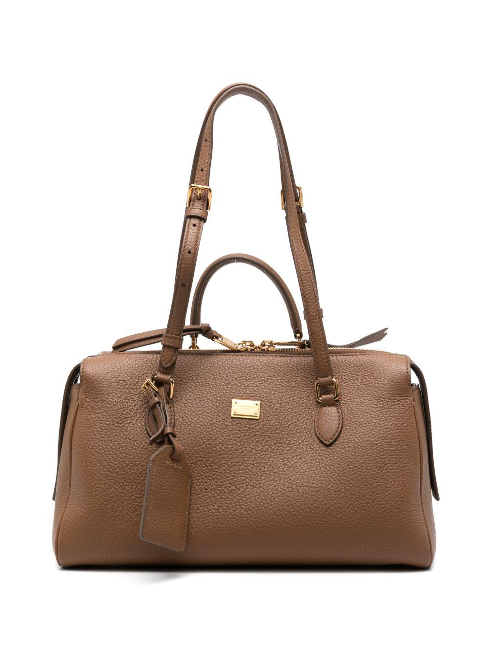 DOLCE e GABBANA Borsa Vittoria bowling in pelle martellata con logo dorato 