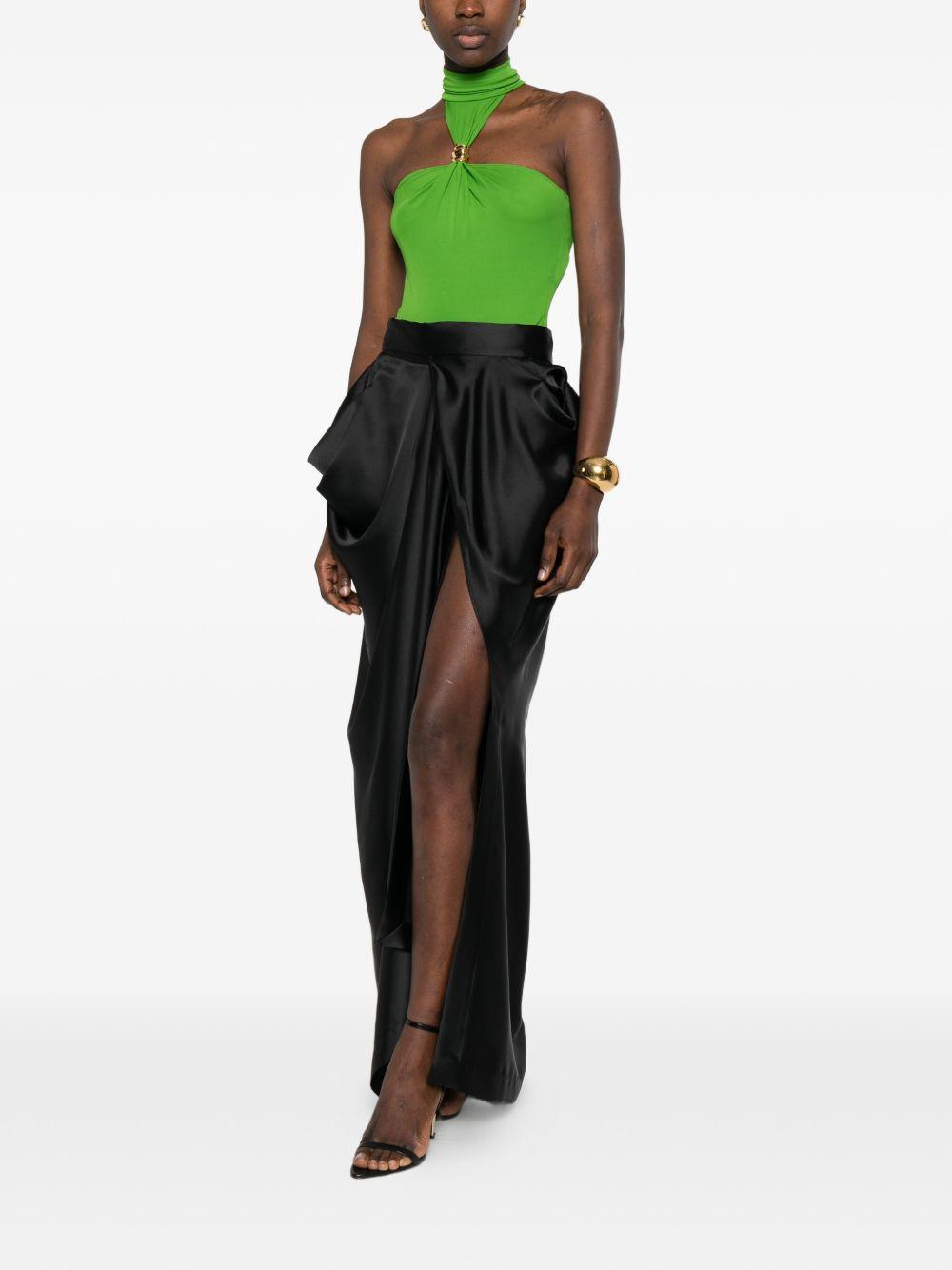 ELISABETTA FRANCHI Body halter verde con collo alto e dettaglio gold-tone 