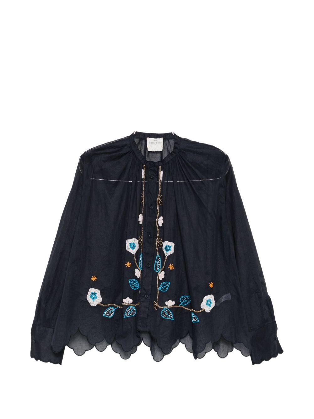 FORTE FORTE Camicia blu My Shirt con ricami floreali e perline 