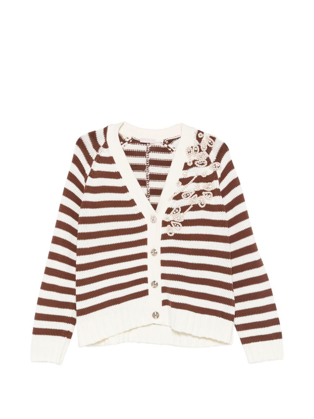 LIUJO Cardigan bianco a righe marroni con ricami e perline 