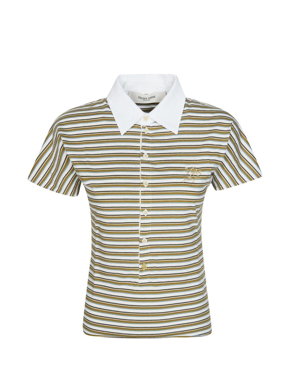 GOLDEN GOOSE Polo a righe bianche e verdi con bottoni 