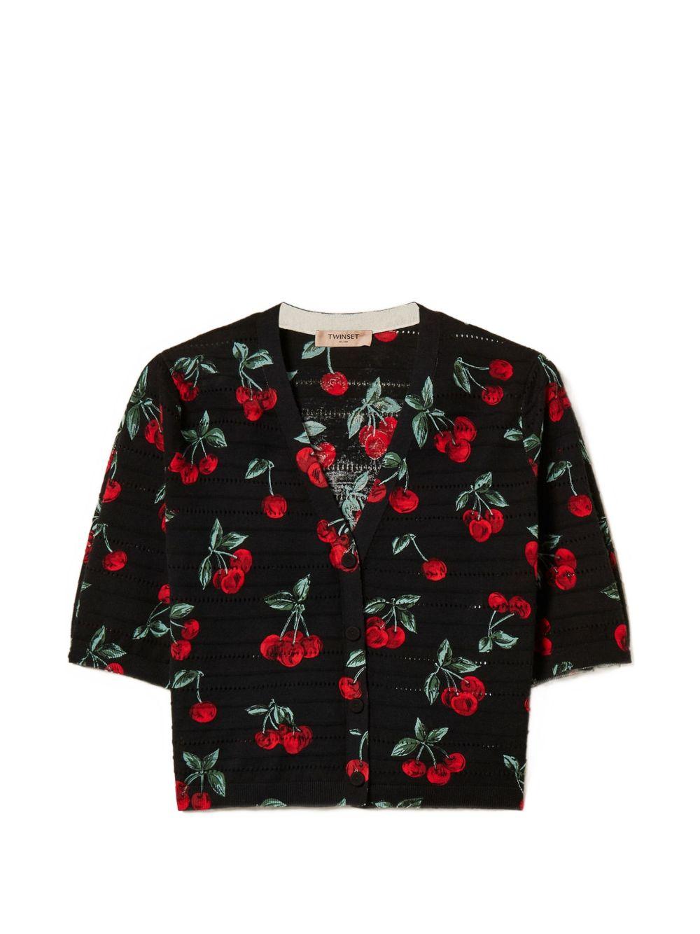 TWINSET Blusa in cotone nero con ciliegie 