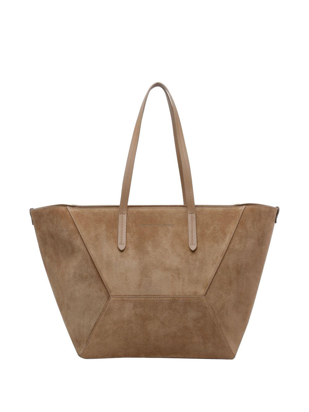 BRUNELLO CUCINELLI Borsa shopping in pelle di vitello scamosciata marrone chiaro 