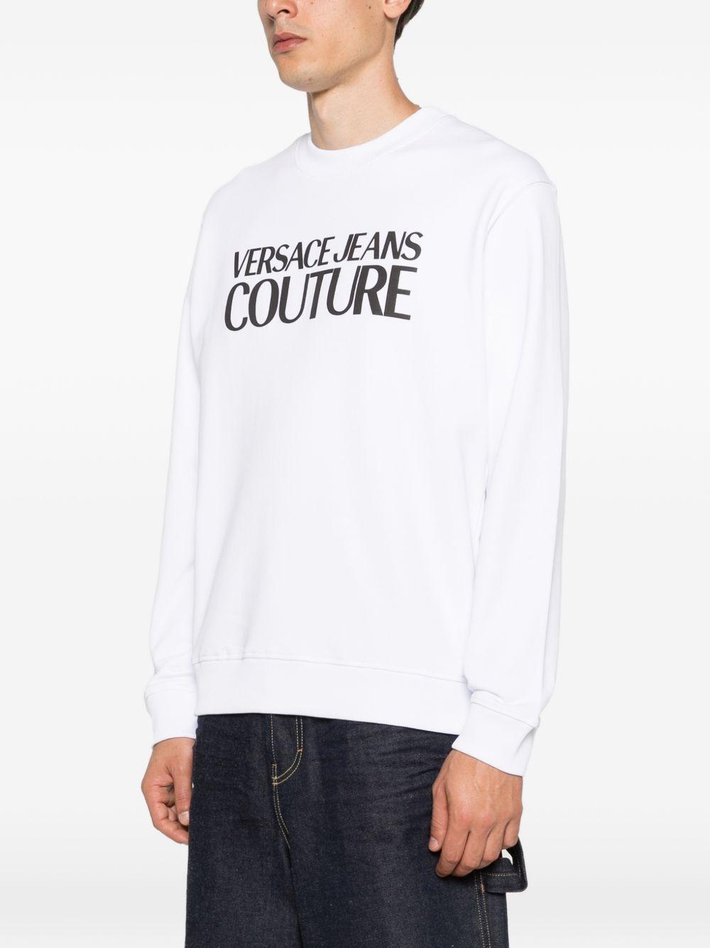 VERSACE JEANS COUTURE Felpa in cotone bianco girocollo con logo nero 