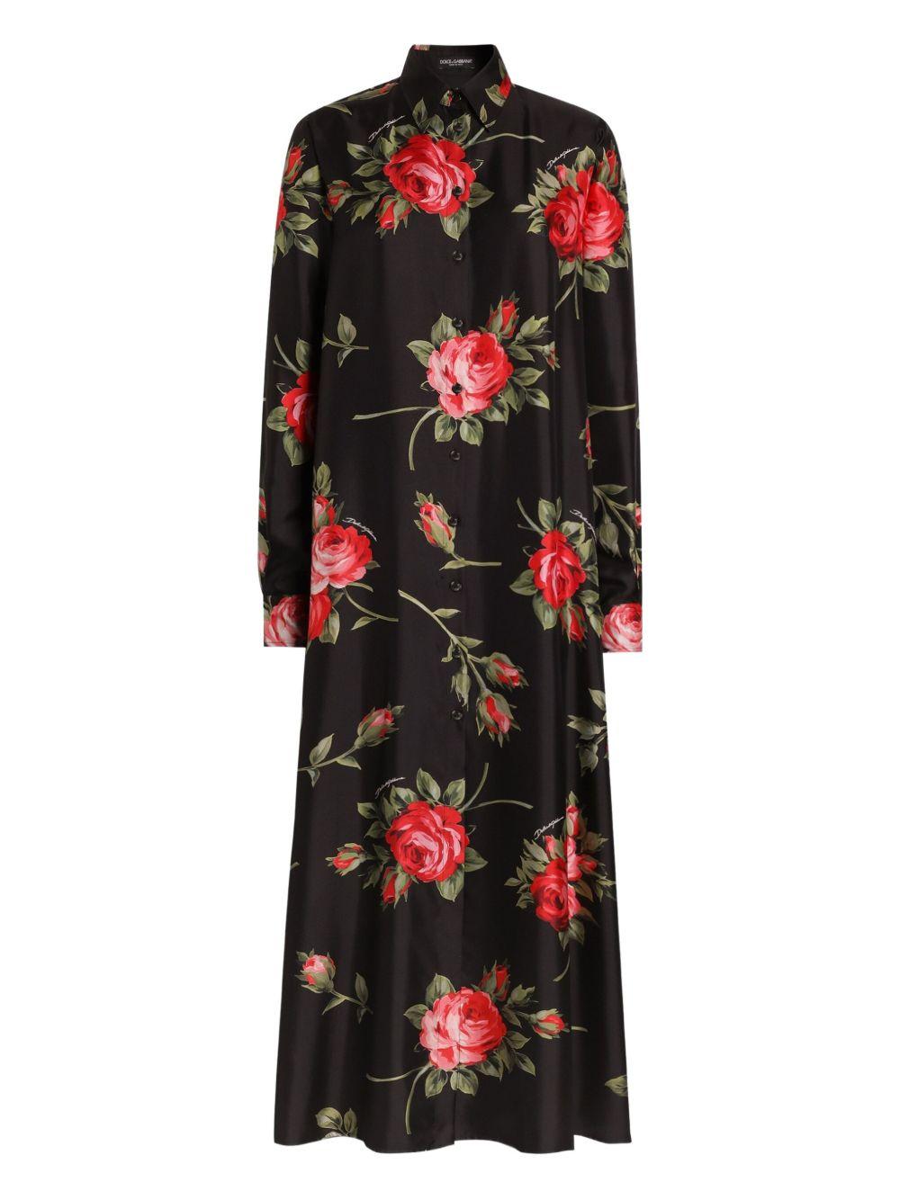 DOLCE e GABBANA Abito lungo nero in seta con stampa floreale 