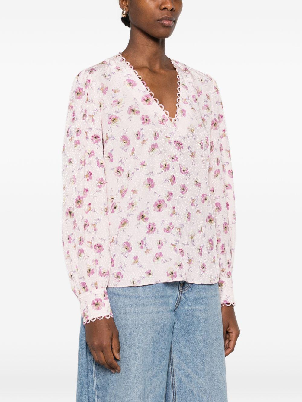 TWINSET Camicia color panna a fiori rossi con scollo a V 