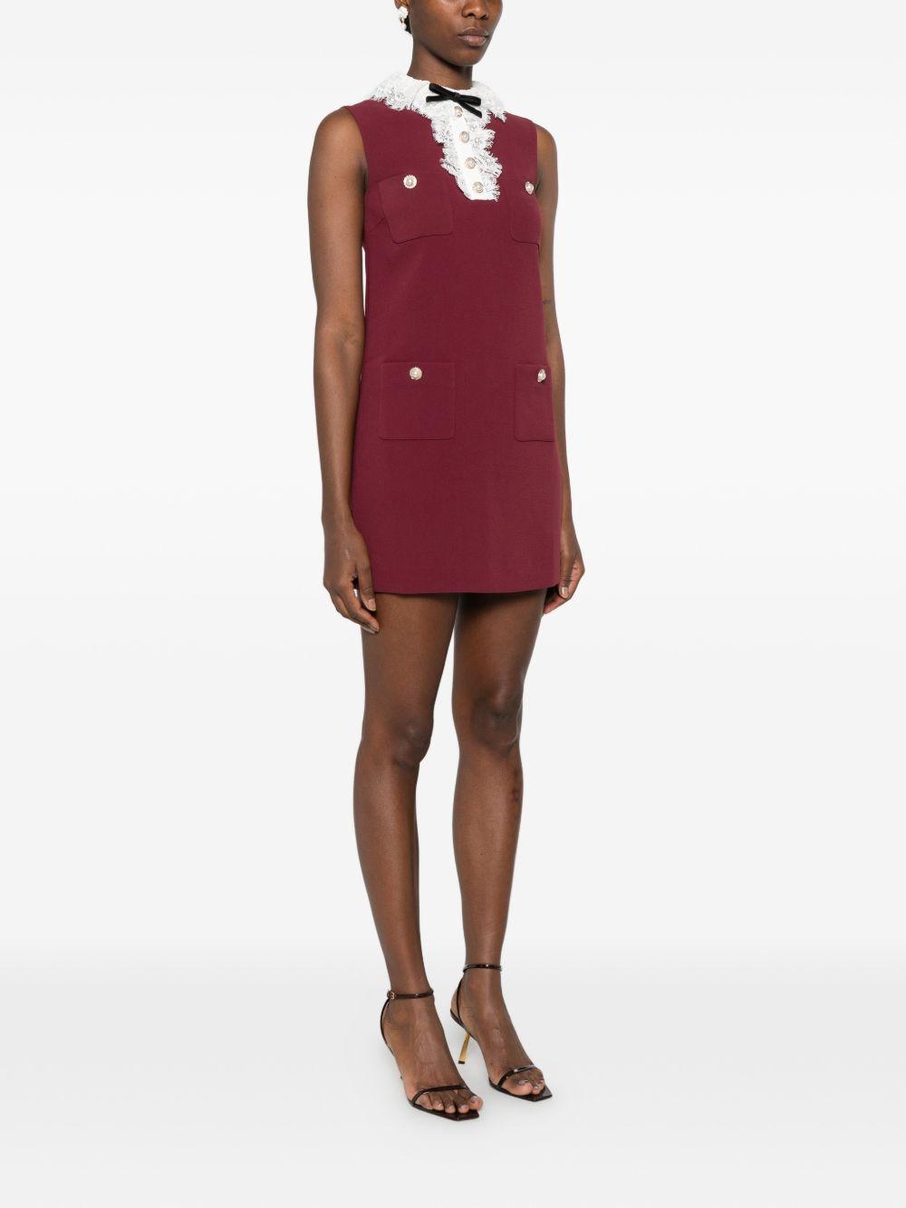 SELF PORTRAIT Mini abito bordeaux in crepe con colletto in pizzo e fiocchi 