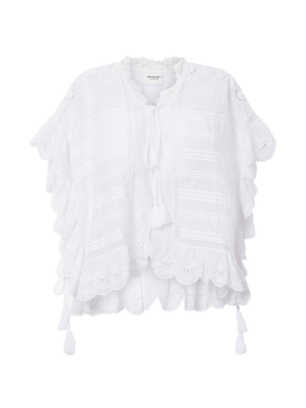 MARANT ETOILE Top Payton in stile caftano in cotone e pizzo floreale bianco 