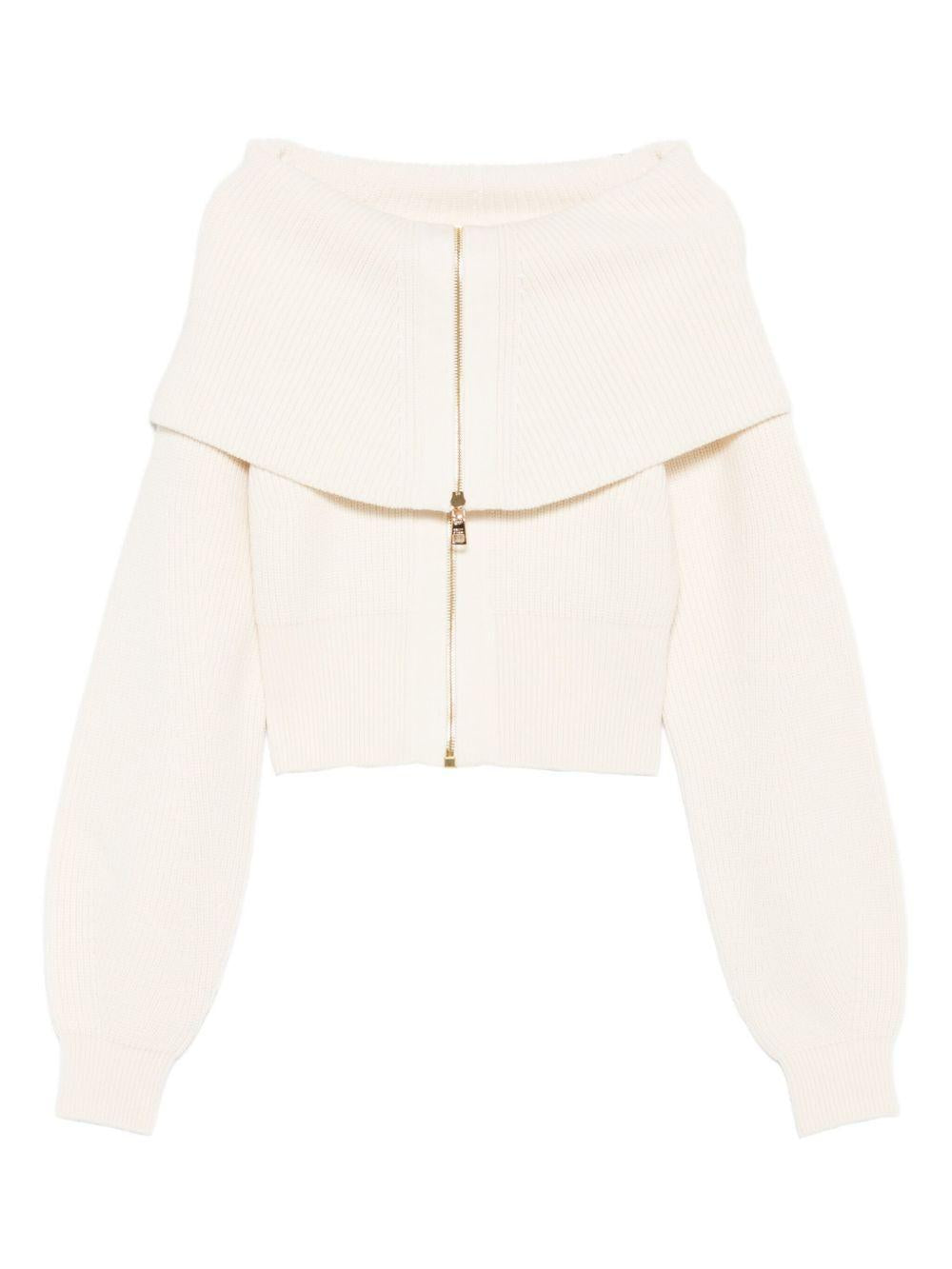 ELISABETTA FRANCHI Maglia cardigan con collo a bavero in lana panna 