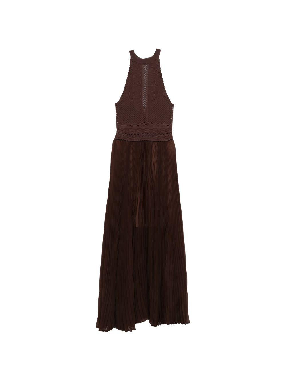 TWINSET Abito lungo marrone con corpetto in crochet 