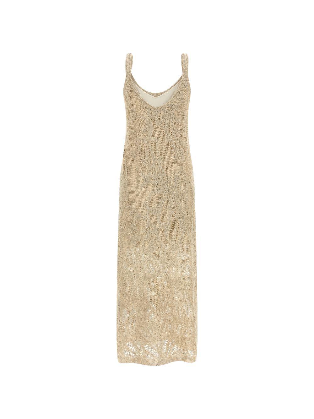 BRUNELLO CUCINELLI Abito midi in crochet in lino misto cotone beige 